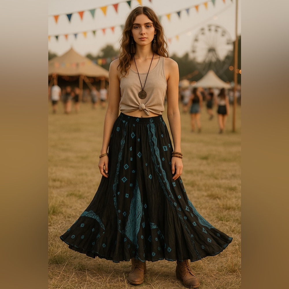 Tienda Ho Black Blue Boho Maxi Skirt Festival Gypsy Free Size Rayon indie sleaze